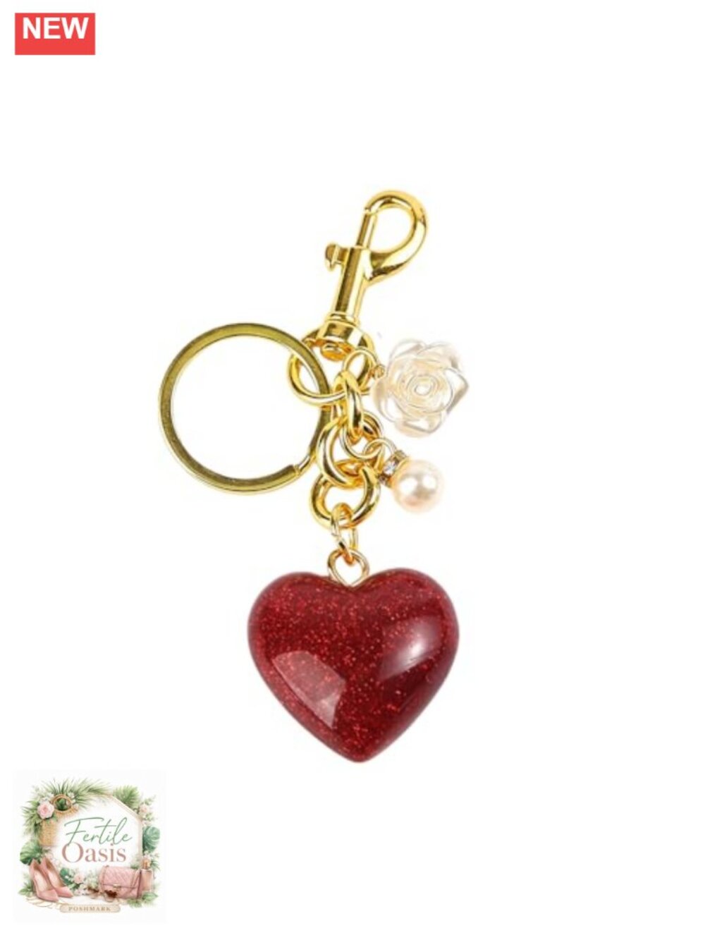Heart Keychain for Women, Bag Charm with Pearls & Roses, Metal Key Ring